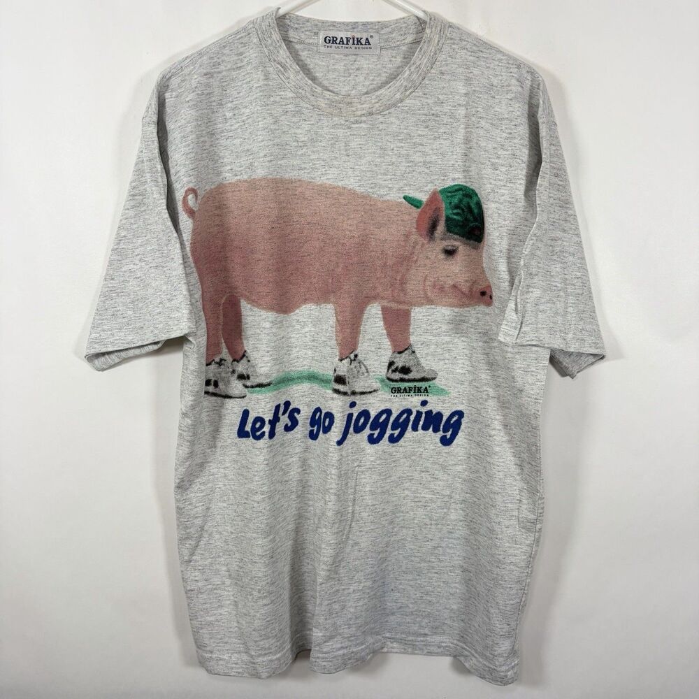Vintage Grafika T Shirt Adult Size Large Let’s Go Jogging Pig Sneakers Graphic